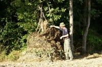 3 bous de bois, de la paille et un filet